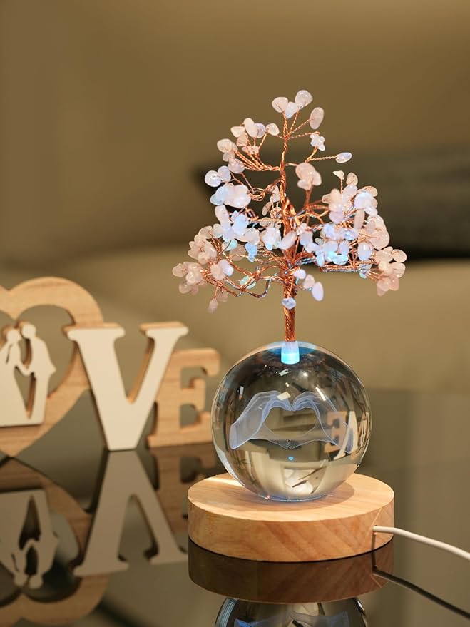 Rose Quartz Crystal Tree of Life for Positive Energy, Chakra Healing Tree with Remote Control Multicolor Night Light for Room, Office, Desk Decor, Pink Gift for Women, Girls (Heart Hands)