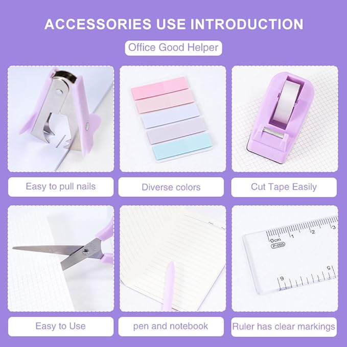 Purple Desk Organizers and Accessories with Desk Organizer 360° Rotating Pen Holder and Office Supplies, Cute Stationery Supplies Set