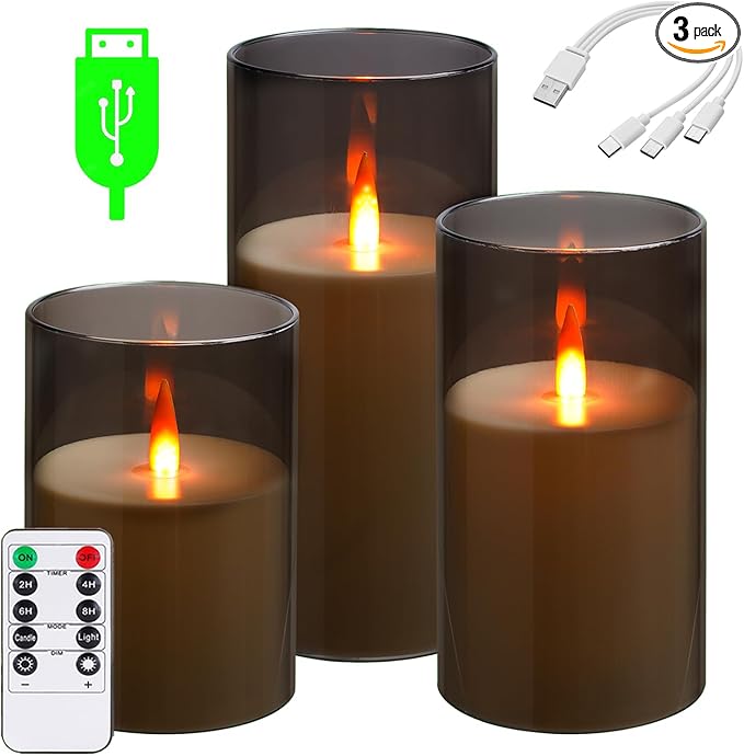 Da by Rechargeable Flameless Candle, Type-c Rechargeable Battery Candlewith Remote Control and Timer Function,Set of 3,can Last up to 240 Hours. A Wick Like a Flame. (Save 220 AA Batteries per Year).