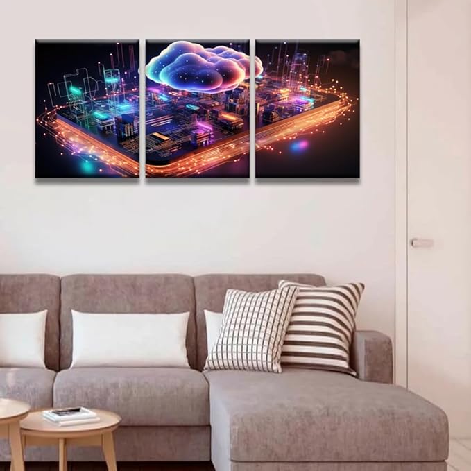 Framed Wall Art 3 Panels Wall Decor Cloud Computing Concept Pictures Print On Canvas for Living Room Bedroom Wall Decoration, Giclee Artwork Ready to Hang, 12x16inchx3