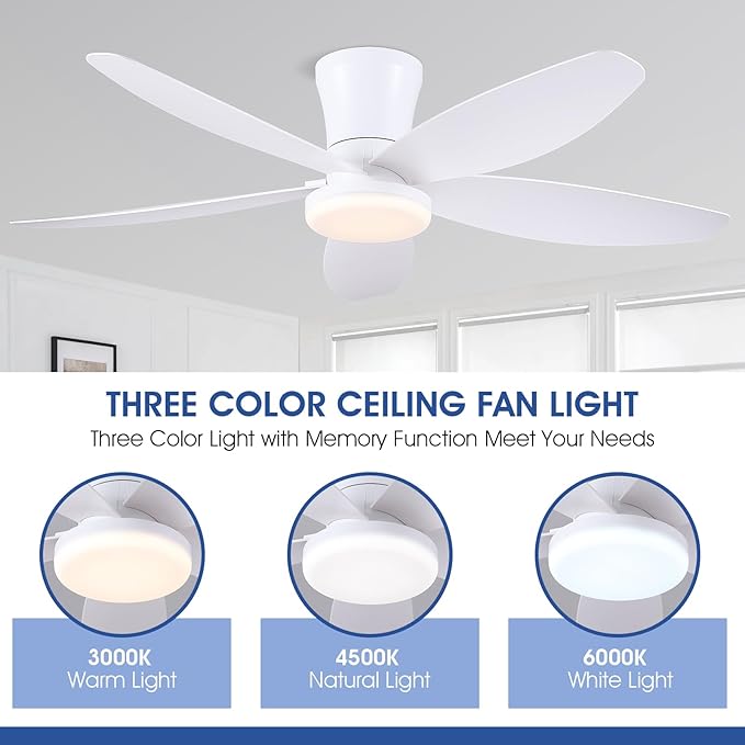 42" Ceiling Fans with Lights-Low Profile Ceiling Fan with Light and Remote/APP Control,Flush Mount,DC Reversible,LED Dimmable Modern Ceiling Fans for Bedroom,Indoor/Outdoor Patio Use(White)