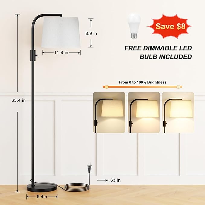 Ambimall 𝐅𝐮𝐥𝐥𝐲 𝐃𝐢𝐦𝐦𝐚𝐛𝐥𝐞 Floor Lamp - Floor Lamps with 9W 𝐋𝐄𝐃 Bulb, Standing Lamps for Living Room with Adjust Head, Modern Standing Tall Light Rotary Switch for Office(Black and Beige)