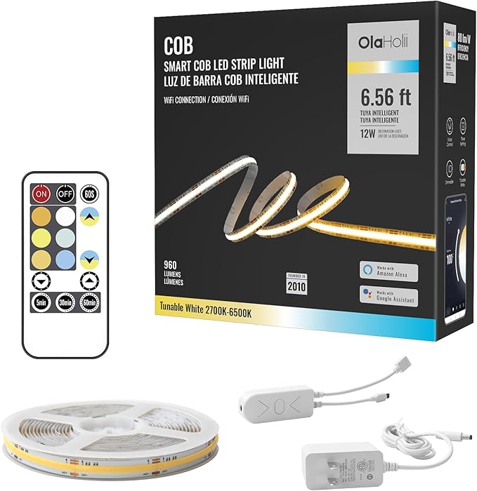 6.56ft Smart COB LED Strip Light, Tunable White 2700K-6500K Dimmable Bright WiFi Led COB Light Strip Compatible with Alexa and Google, White CCT COB Led Light for Kitchen Cabinet, Room