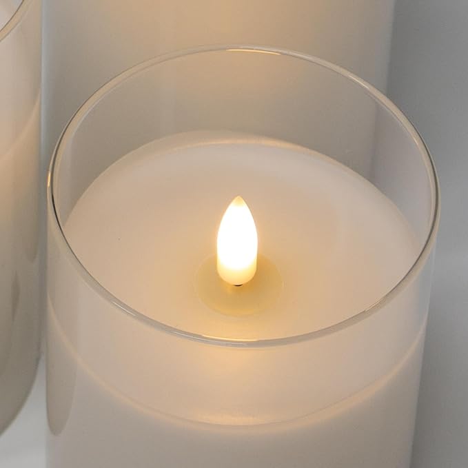 Pure White Glass Flameless Candles with Remote - Battery Operated Candles with Timer, LED Flickering Real Wax Candles for Festival Wedding Home Party Decoration, Clear, Set of 3