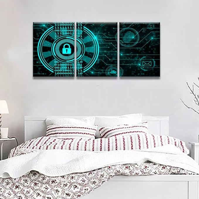 LSIUHWUWI Modern Wall Art 3 Piece Secure Technology Concept Padlock Binary Code Hud Posters for Wall Decoration, Connecting Lines Fingerprint Cloud Mail Artwork Framed Ready to Hang, 12x16inchx3