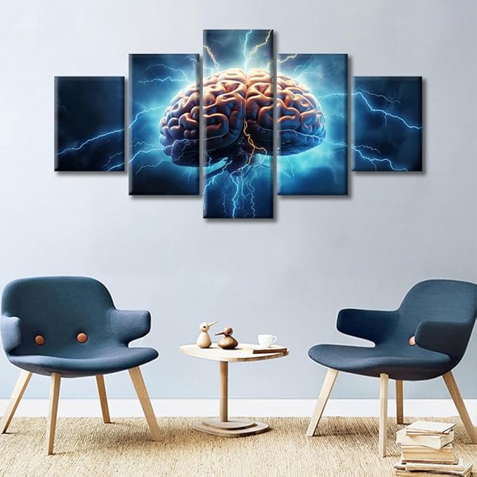 Canvas Wall Art Smart Brain Posters & Prints Brainstorming Concept Artwork Brain Power Lightning Contemporary Home Decor Stretched Canvas Picture for Living Room Bedroom Home Office, (60" Wx32 H)