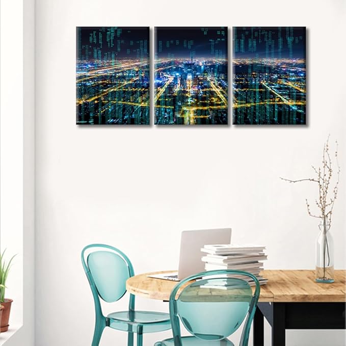 TUMOVO 3 Panel Modern City with Wireless Network Connection Canvas Wall Art Technology Science Poster Artwork Pictures Black and White Wall Art Stretched and Framed Ready to Hang (36" Wx16 H)
