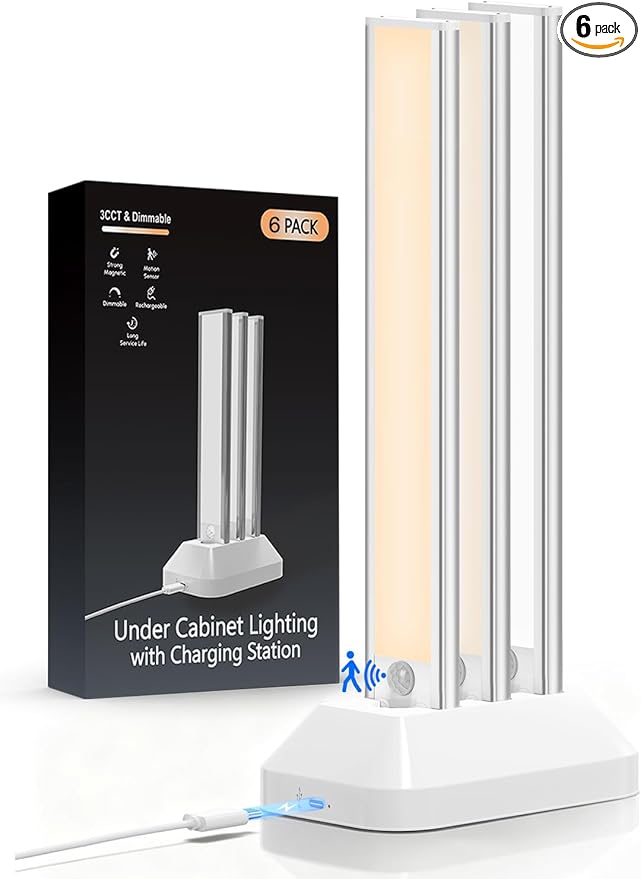12in Under Cabinet Lighting with Charging Station, 2500mAh Rechargeable Wireless Motion Sensor Lights Indoor,Closet Lights with 3 Color Tempers, Battery Operated Cabinet Lights for Kitchen, 6-Pack