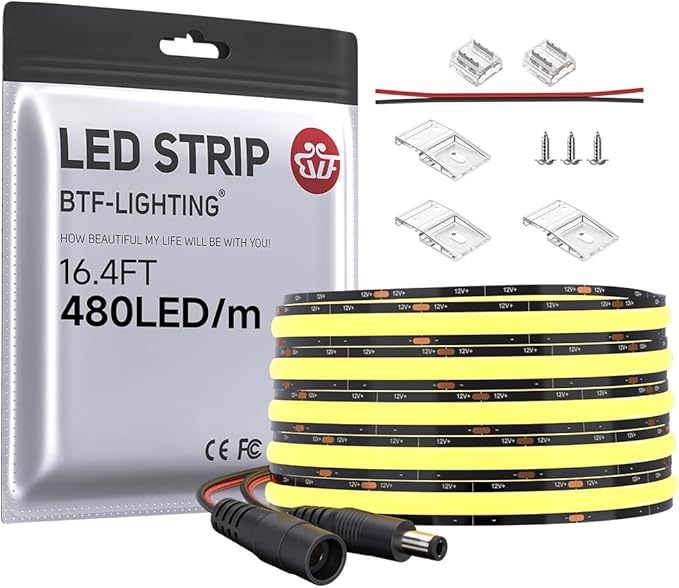 BTF-LIGHTING FCOB COB LED Strip 480LED/m Flexible High Density Uniform Light 9W/m 16.4FT DC12V Warm White 3000K CRI 90+ 8mm Width LED Ribbon for Indoor Decor(No Adapter or Controller)