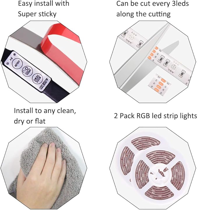 Battery Operated LED Strip Lights RGB Battery Powered Led Strip Lights 3 Keys Controller 13.2FT/4M Color Changing Flexible Light for PC TV Mirror Kitchen Cabinet Shelves, Room Decor 2Pcs