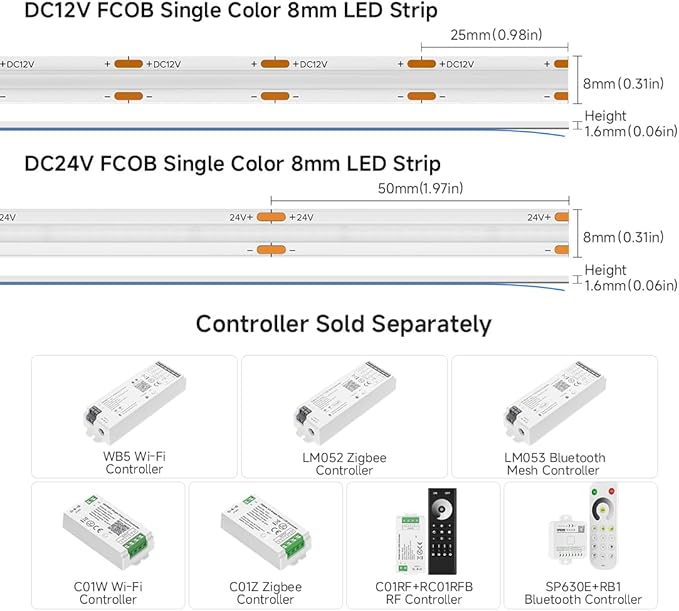 BTF-LIGHTING FCOB COB LED Strip Blue Color 480LED/m 16.4FT DC24V Flexible High Density Uniform Light 8mm Width Bright Dimmable for Home Indoor Decor(No Adapter or Controller)