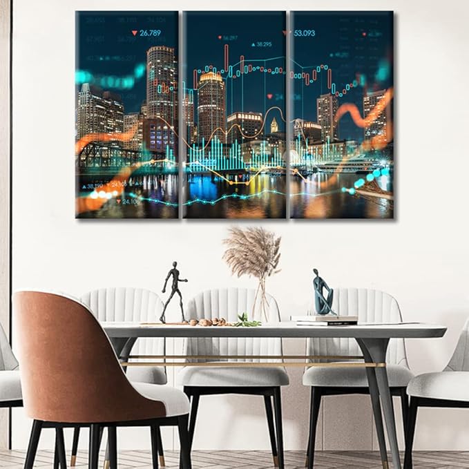 TUMOVO Boston Harbor and Seaport BLVD at Night Canvas Wall Art 3 Pieces Glowing Forex Hraph Hologram Painting Wall Decor for Bedroom Artwork Print on Canvas Framed Ready to Hang (60" Wx40 H)