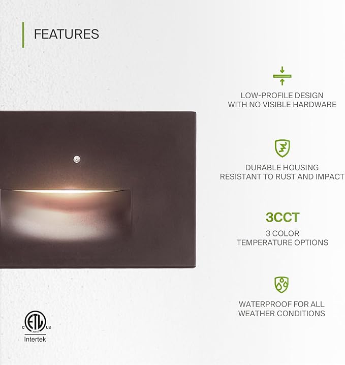 ASD LED Recessed Step Light Fixture, Dusk to Dawn Outdoor Tread Lighting | 3CCT, Photocell, Waterproof, ETL Listed | 3W 120LM 3000K-5000K 120V | Staircase Hardwired Illumination | Dark Bronze, 4 Pack