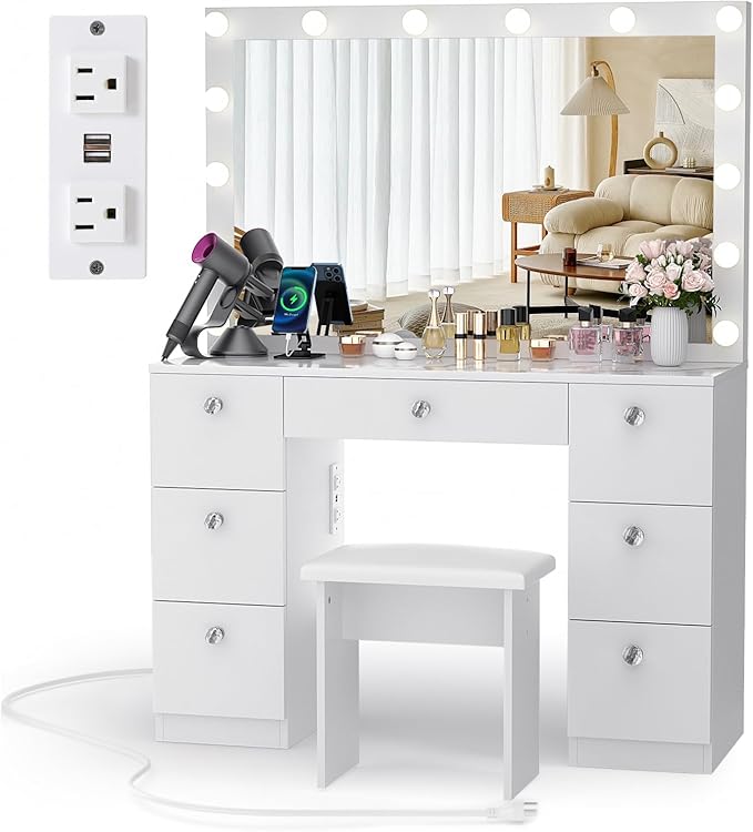 SMOOL Vanity with Lighted Mirror, Makeup Vanity Desk with Power Outlet and LED Bulbs, 3 Color Lighting Modes Adjustable Brightness, 7 Drawers Vanity Table with Cushioned Stool for Bedroom, Marble