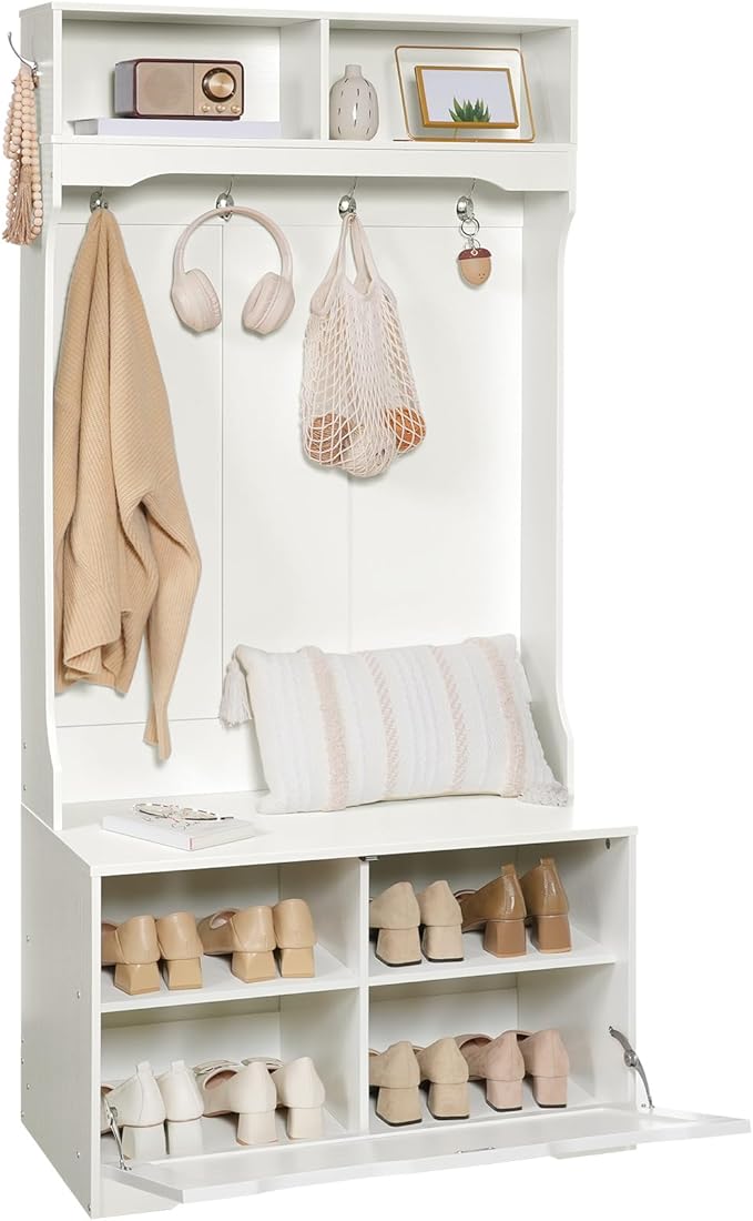 HOOBRO Hall Tree with Bench and Shoe Storage, Entryway Bench with Coat Rack and Shoe Cabinet, Flip-Down Cabinet Door, Coat Rack with Shoe Rack, for Mud Room, White WT84MT01