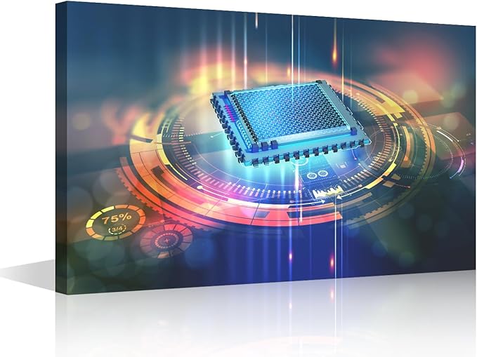 TUMOVO Wall Paintings for Living Room Futuristic CPU Modern Office Wall Art Computer Chip Large Wall Decor Virtual Space Canvas Wall Art for Bedroom Artwork Framed Ready to Hang, 24x16in