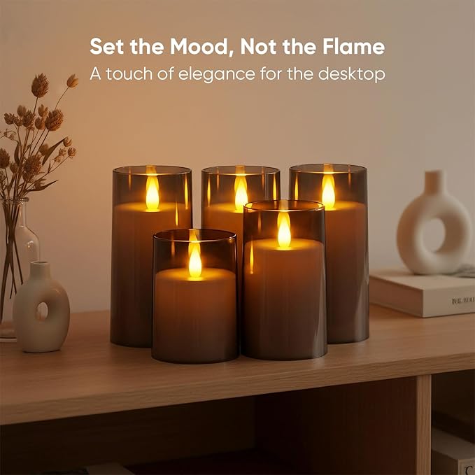 Amagic 3"×4" 5" 6" 6" 6" Gray Flameless Candles with Remote and Timer, Realistic Flickering Battery Operated Acrylic Led Fake Candles for Home Wedding Party Fall Christmas Decor, Set of 5