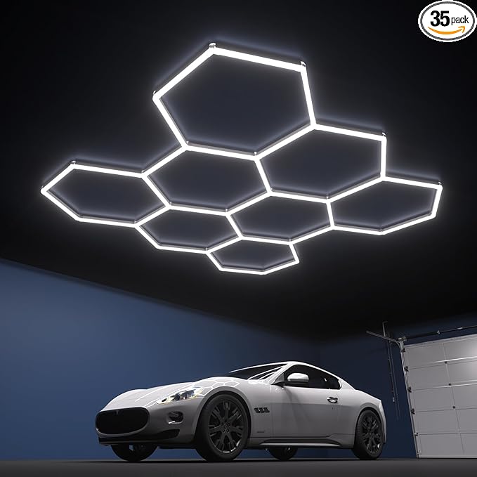 Hexagon Garage Lights, 8-HEX 350W 5000K Daylight Garage LED Lights, Modular Honeycomb Shop Light for Detailing, Workshop, Home Gym, Warehouse, DIY Workspace