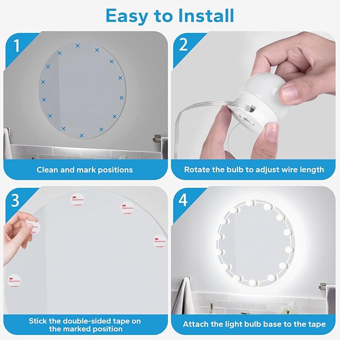 LED Vanity Lights For Mirror with 14 Dimmable Bulbs, Vanity Lights Stick on, 3000K 4000K 6500K & 10 Level Brightness Adjustable, USB Cable, Hollywood Mirror Lights for Makeup Dressing Room Bathroom