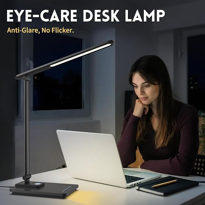 LED Desk Lamp for Home Office, USB Charging Port, Reading Desk Light with 5 Color Temperatures, Stepless Dimming, Table Lamp with Timer, Night Light, Foldable Desk Lamp for College Dorm Room (Black)