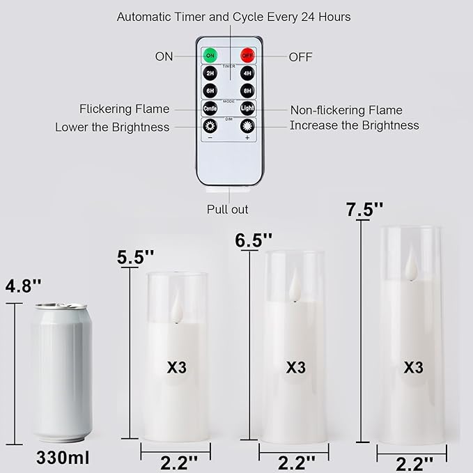 Amagic Magic Pure White Flameless Candles, Battery Operated Candles, Acrylic Flickering LED Pillar Candles with Remote Control and Timer, 3D Wick, Yellow and Blue Glow, D2.2 xH5.5 6.5" 7.5", Set of 9