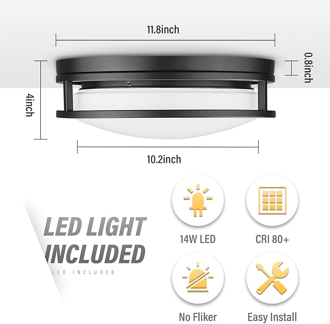 Darkaway LED Flush Mount Ceiling Light, 12inch Modern Dimmable Ceiling Lamp 3000K-6500K Dimmable Black Ceiling Light Fixture for Bedroom Kitchen Hallway Entryway