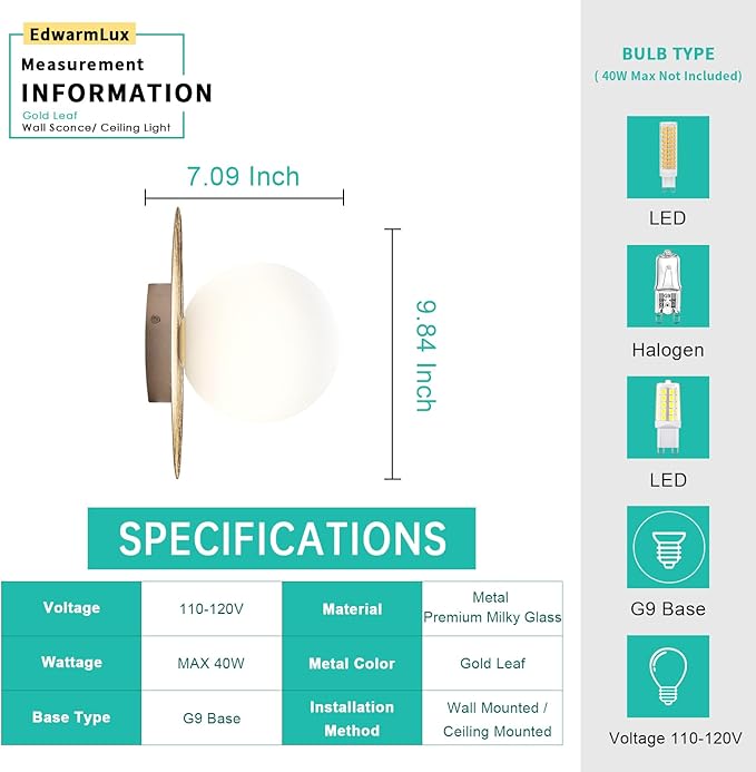 1 Light Wall Sconce, Mid Century Modern Globe Wall Sconce, Ceiling Light Fixture, Vanity Light Fixture, Indoor Wall Light for Living Room Bedroom Hallway Bathroom Entry (Gold)