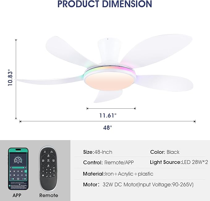 PHORUS RGB Ceiling Fans with Lights and Remote/APP,48" White Low Profile Ceiling Fans with Quiet Reversible DC Motor, Modern Flush Mount Fans Light with 3 Colors 6 Speeds