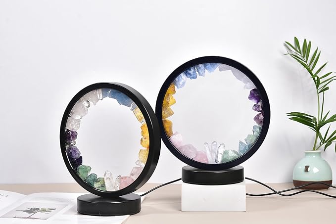 AMOYSTONE Natural Chakra Crystal Night Light with USB, Mixed Stones Round Meditation Lamp with 3-Color Control for Bedroom, Office & Home Decor (Push Button Switch)