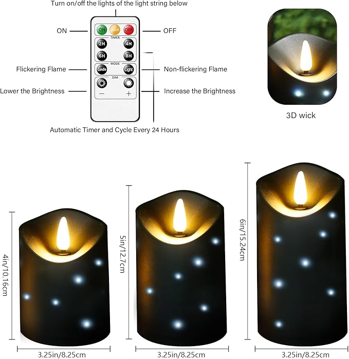 Outdoor Waterproof Flickering Flameless Candles with Embedded Star String,3Pcs LED Pillar Candles Battery Operated with Remote and Timers for Courtyard,Porch,Camping,Holiday Decoration(Black)