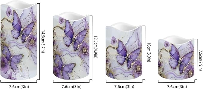 Purple Butterfly LED Pillar Candles Bulk Set of 4 with Timer Remote Color Changing Electric Fake Candles for Home Decorations