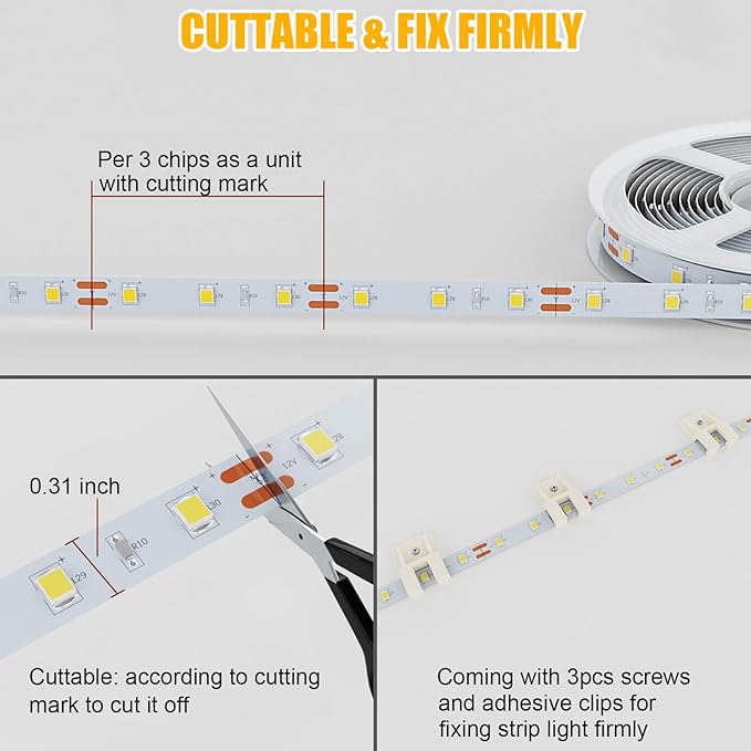 Motion Activated LED Strip Lights,RGH LIGHTING 16.4ft LED Light Strip with Day or Night 2 Lighting Modes,3 Timing Off Modes,Cozy Warm White 12v Plug-in LED Rope Lights for Under Cabinet,Kitchen,Stair