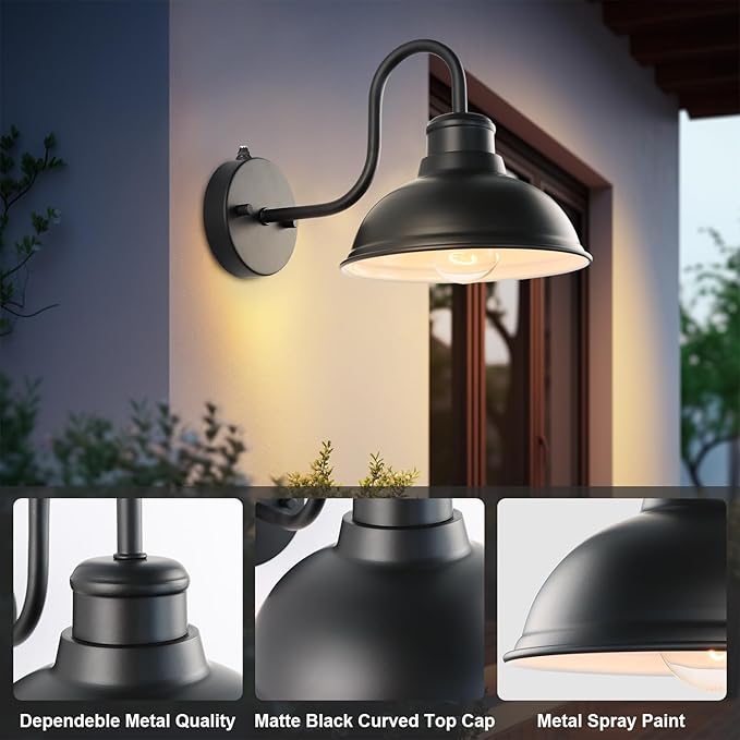 12" Outdoor Barn Gooseneck Light 2 Pack, Large Exterior Wall Sconce, Black Classic Farmhouse Industrial Wall-Mounted Barn Light Fixture for Garage/Porch/Patio