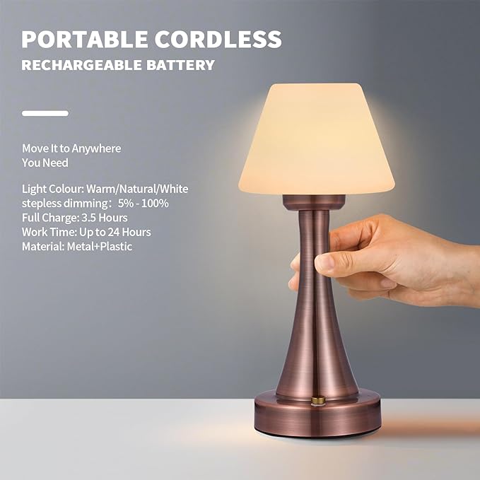 Waterproof Rechargeable Table Lamp for Shower & Outdoor, Cordless Touch Dimmable Nightstand Lamp with 3 Light Colors, Portable LED Light for Bedroom, Patio, Camping & Bar (Red Bronze)