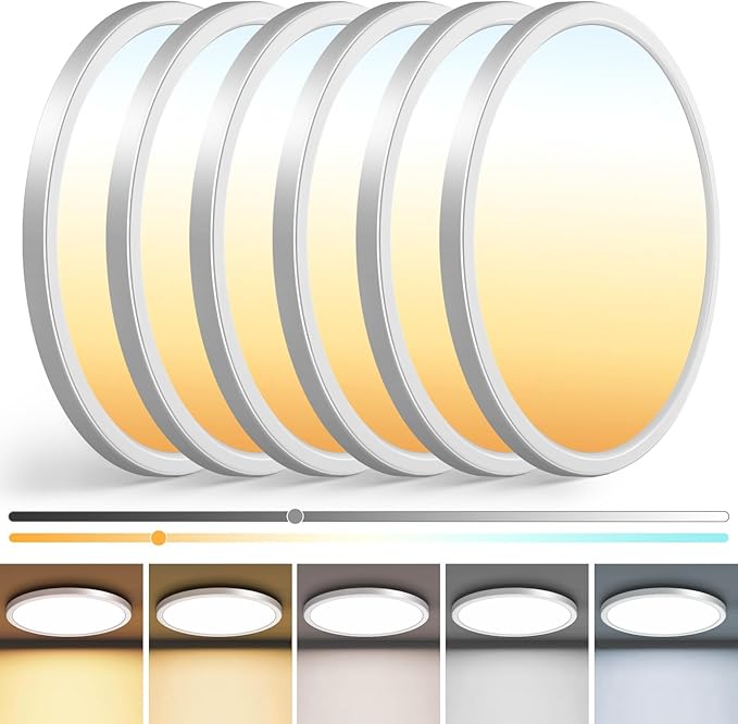 zemty 6Pack 13 inch White LED Flush Mount Ceiling Lights, Dimmable 5 Color Temp (3000K-6500K), 24W 2400LM Bright Round Light Fixture for Kitchen/Bathroom/Bedroom/Office
