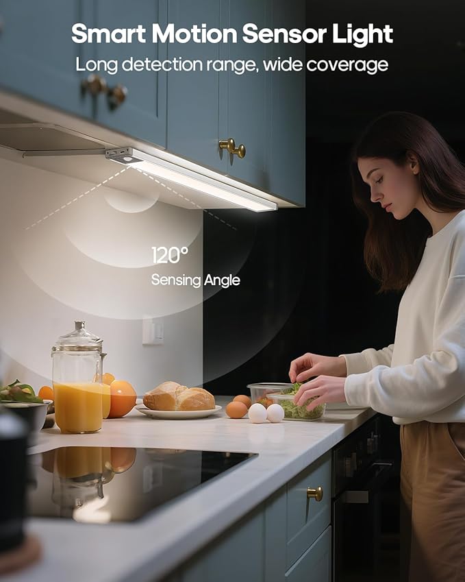 17.5Inch Under Cabinet Lighting, 4500mAh Rechargeable Battery Motion Sensor Light Indoor, Wireless Under Cabinet Lights for Kitchen, Closet(1 Pack,17.5 inch)