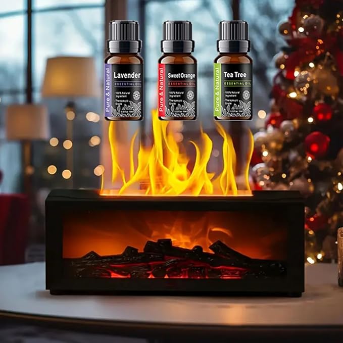 Colorful Flame Aroma Diffuser, 300ml Fireplace Humidifier with Remote & Timer, 7-Color Changing LED, Waterless Auto Shut-Off, Essential Oil Diffuser for Home Bedroom Office, Gift Set Included