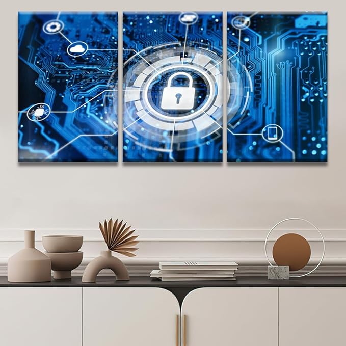 3 Panel Modern Wall Art Contemporary Posters and Prints, Cybersecurity and Secure Nerwork Artwork Modern Home Wall Decorations, Wooden Framed Gallery-Wrapped Ready to Hang, 16x24inchx3
