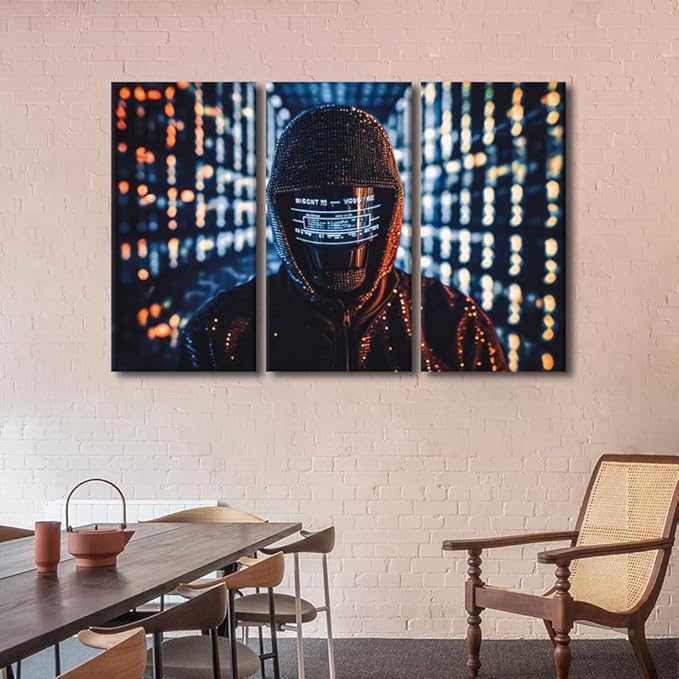 TUMOVO 3 Panel Canvas Wall Art Hacker in Mask on Dark Background with Digital Effects Posters and Prints for Living Room Bedroom Wall Decoration, Stretched Framed Ready to Hang, 60" Wx40 H