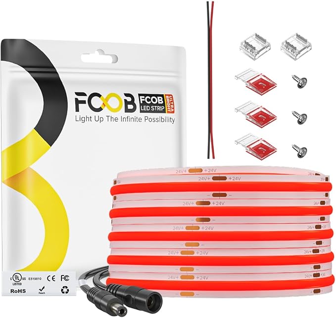 16.4FT COB Red LED Strip Light 24V Flexible High Density Uniform Bright 480LEDs/m Strips 8MM Width CRI90+ Dimmable COB LED Tape for Cabinet Kitchen Indoor Decor, No Adapter/Controller