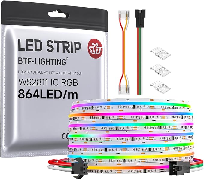 BTF-LIGHTING FCOB WS2811 IC RGB COB LED Strip 864LED/m Flexible High Density Color Chasing Uniform Light DC24V 16.4FT 24IC/m 12mm Width for DIY Lighting Projects(No Adapter or Controller)