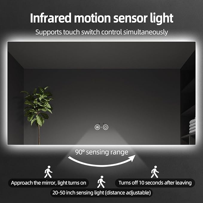 Backlit LED Bathroom Mirror, Infrared Motion Sensor Vanity Mirror with 3-Color Lights, Stepless Dimmable Wall Lighted Mirror with Anti-Fog, Memory, Rectangular (36" H x 60" W)