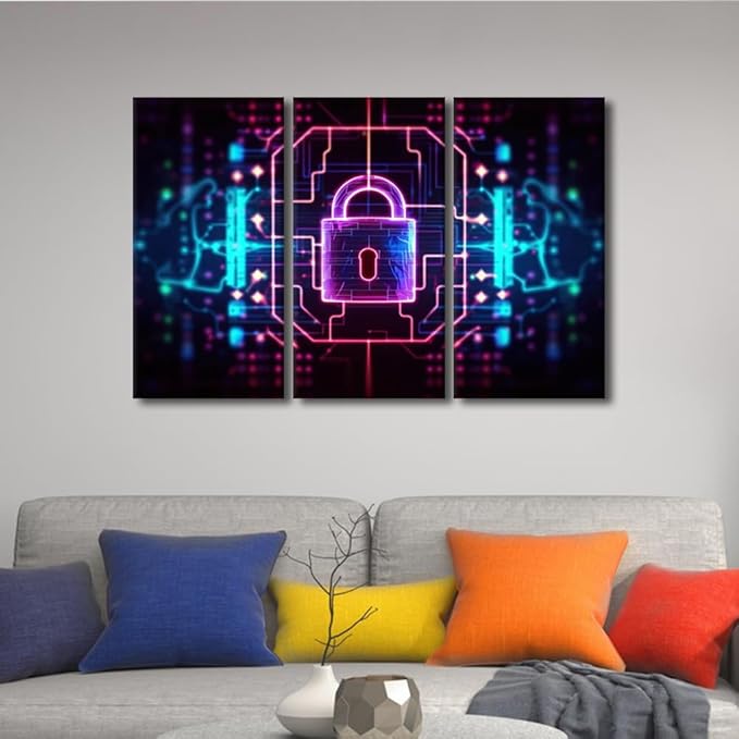 TUMOVO Modern Wall Art for Living Room 3 Panel Padlock on Technological Circuit Background with Neon Lights, Cyber Security Concept Pictures Print on Canvas for Living Room Decoration, 42" Wx28 H