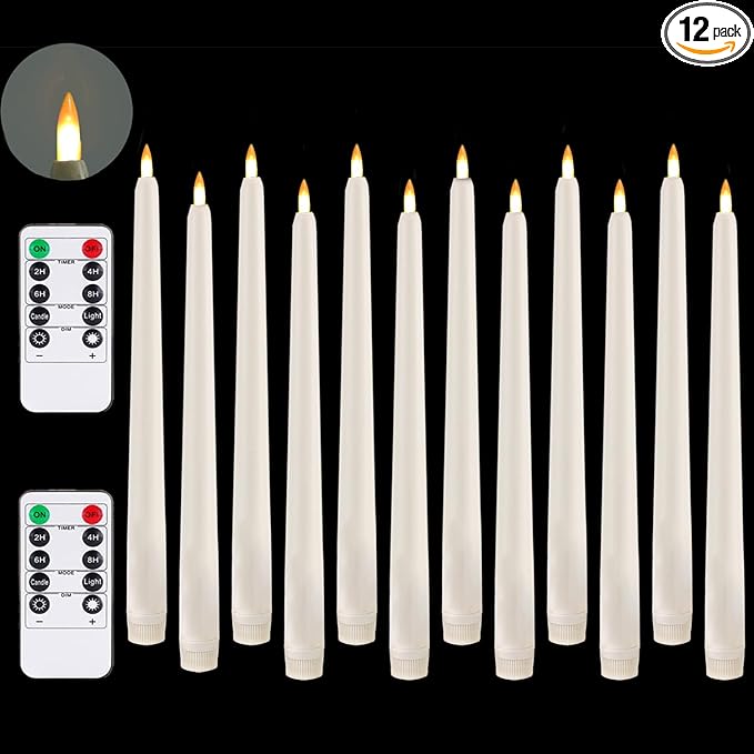 Fireless Window Candle, Cone Battery Powered LED Timed Warm 3D Wick Candle Plastic with Base, 12 Piece Set with 10 Key Remote, Home Wedding Decor (0.78x9.84 inches)