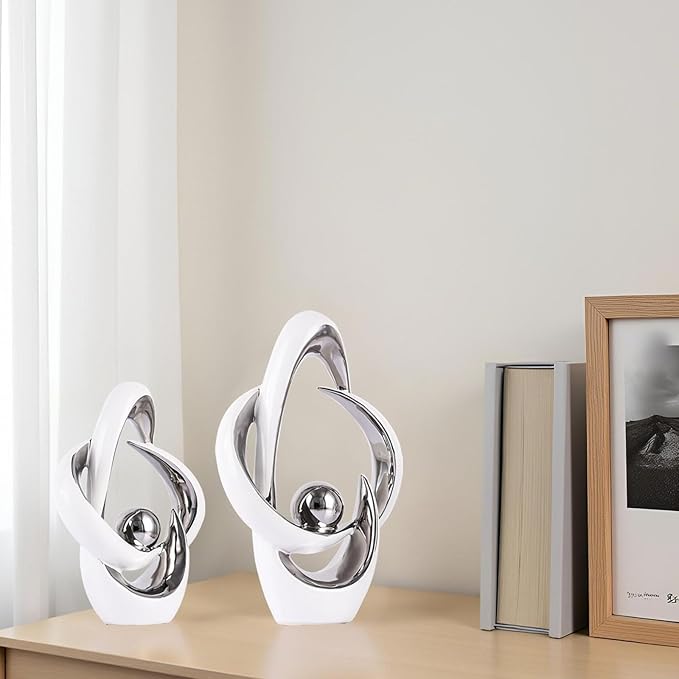2PCS Home Decor Accent Ceramic Statue Abstract Sculptures Centerpieces Mid Century Modern Decor for Tables Coffee Table top Decorations for Living Room Desktop Shelf Dining Room Kitchen (White Silver)