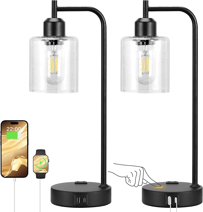 Industrial Touch Table Lamps for Bedrooms Set of 2 - 3-Way Dimmable Lamps with USB C+A Ports and Outlet, Black Bedside Lamps with Seeded Clear Glass Shade for Living Room, Desk Lamps for Home Office
