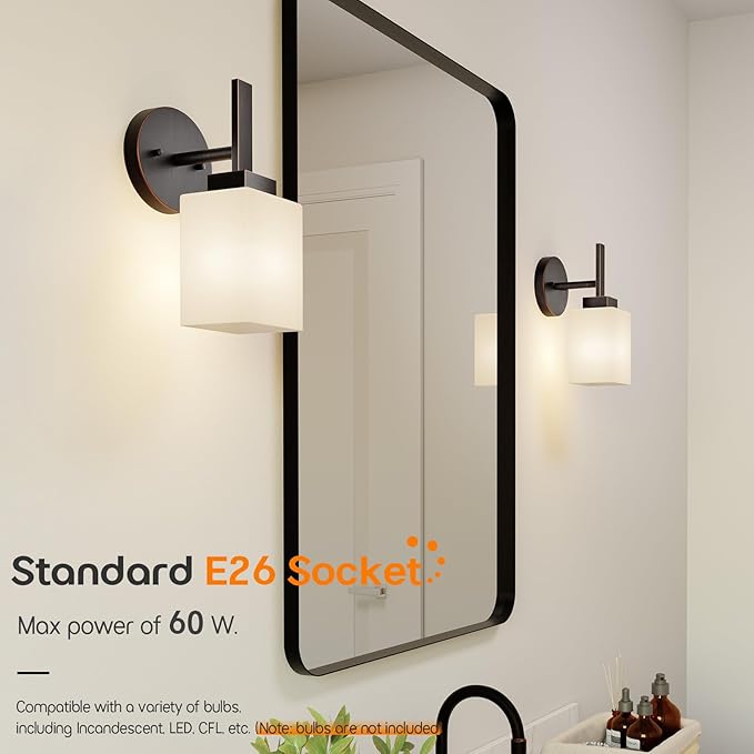 Wall Lights Over Mirror Bathroom Vanity Light Fixtures with White Frosted Glass Shade, Wall Sconces for Porch, 2 Pack Oil Rubbed Bronze T002ORB-L1-P2