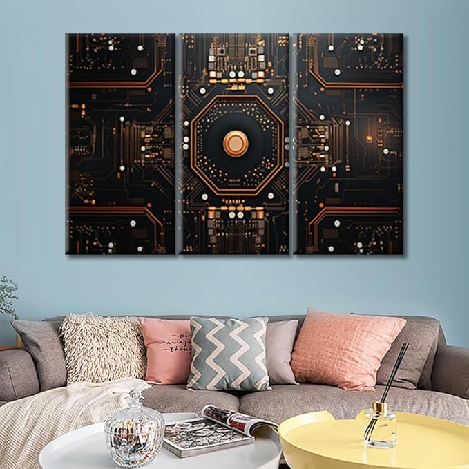 3 Panels Canvas Prints Circuit Board Pictures Wall Art Modern Home Decor Motherboard Digital Chip Poster Living Room Chip Bedroom Decoration Artwork Painting Framed Ready to Hang (36"Wx24"H)