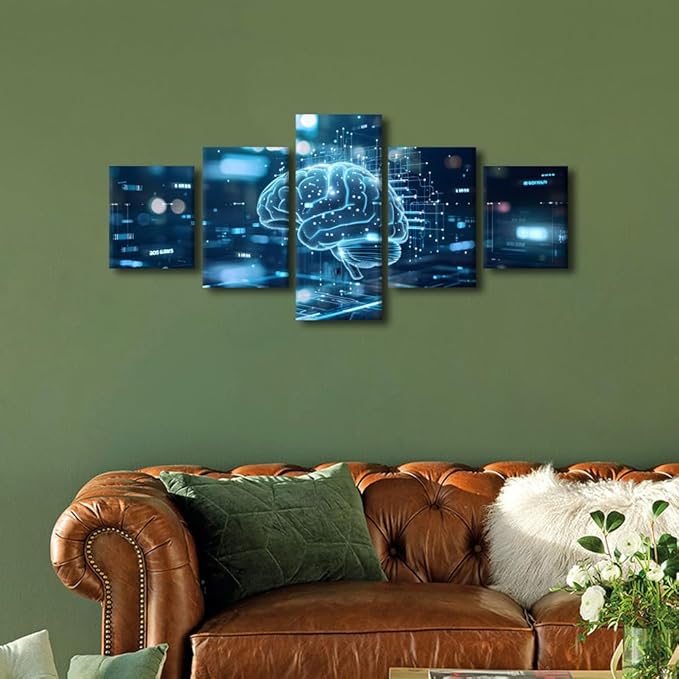 TUMOVO 5 Panel Digital Human Brain With Connection Lines on Blue Background Canvas Paintings Artificial Intelligence Pictures for House Wall Decor House Decorations Living Room Bedroom 50" Wx24 H