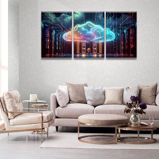 Modern Wall Art 3 Panel Cyber Security, Cloud Managed, Circuit Board Pictures Print On Canvas for Living Room Bedroom Decoration, Framed Gallery-Wrapped Ready to Hang, 16x24inchx3